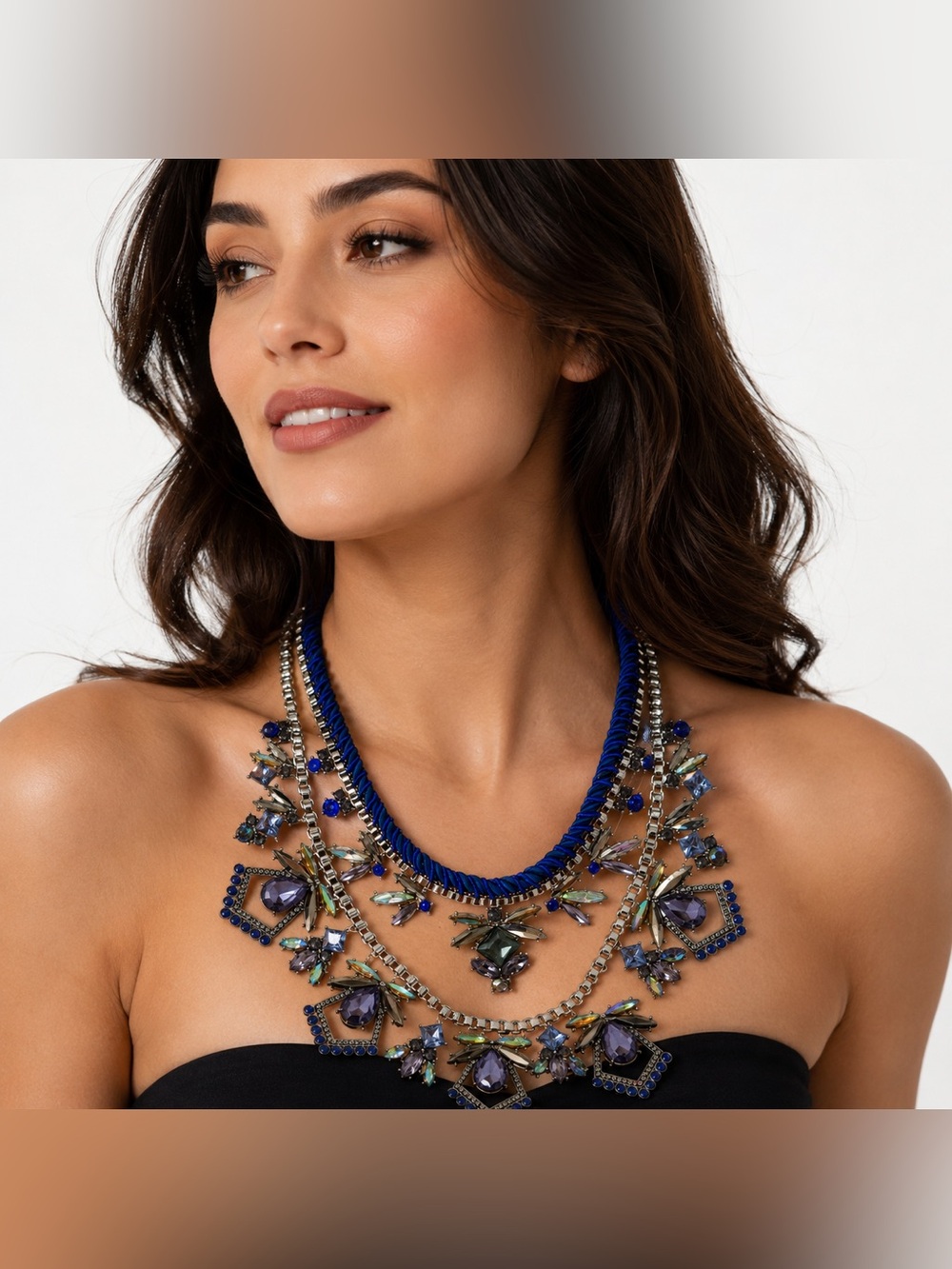 Kent & King Blue Crystal Statement Necklace Multi Strand Silver Chain Bib